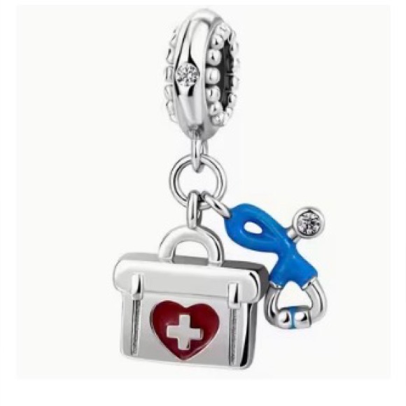 Jewelry - Sterling Silver Medical Charm Pendant with Red Heart and Blue Stethoscope